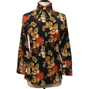Vintage 70s Floral Knit Blouse Top Black Orange Brown By Napoleon Retro Sz. M-L